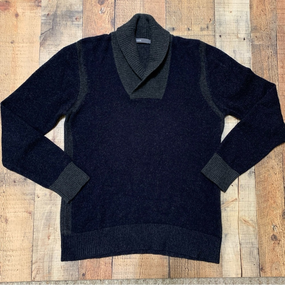 VINCE 100% Cashmere Shawl Collar Sweater Blue Gray Soft